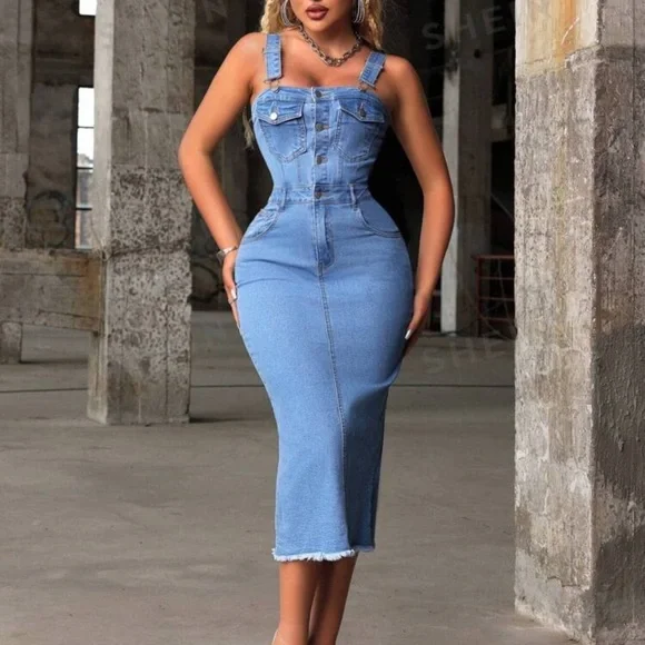 Buttoned Denim Dress with Slit Back - Picture 5 of 10